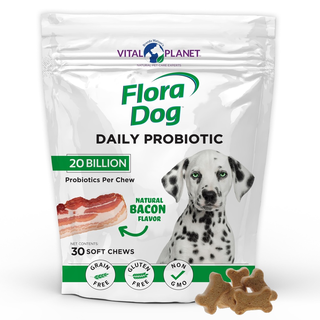 Vital Planet - Flora Dog Probiotics, Dog Chews Supplement mit 20 Billion Kulturen und 11 Strains, Immun- und Verdauungsunterstützung Kaubare Probiotika für Hunde, 30 natürliche Bacon Flavored Soft Chews