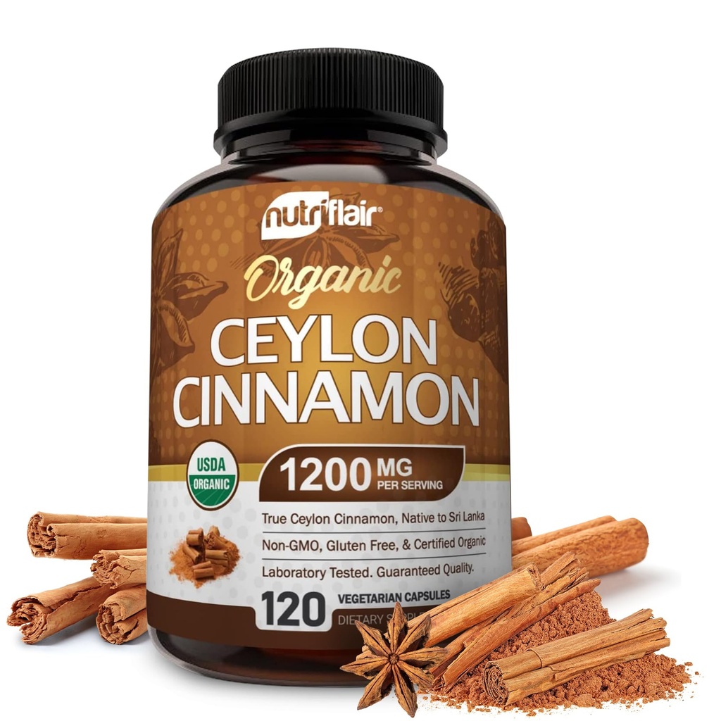 NutriFlair Organic Ceylan Supplément à la cannelle 1200mg, 120 Capsules - USDA Certifié - Non-OGM, Poudre sans gluten, Pilules antioxydantes