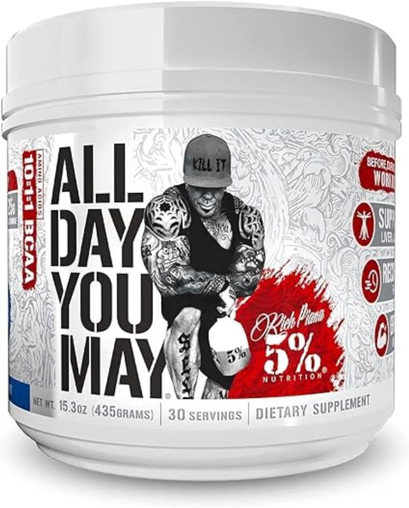 5% Ernährung Rich Piana AllDayYouMay BCAA Pulver | Premium Intra & Post Workout Aminosäuren, EAA, Elektrolyte | Hydration, Endurance, Erholung | Vegan & Keto | 16.4 Unze, 30 Srvgs (Blaue Himbeere)