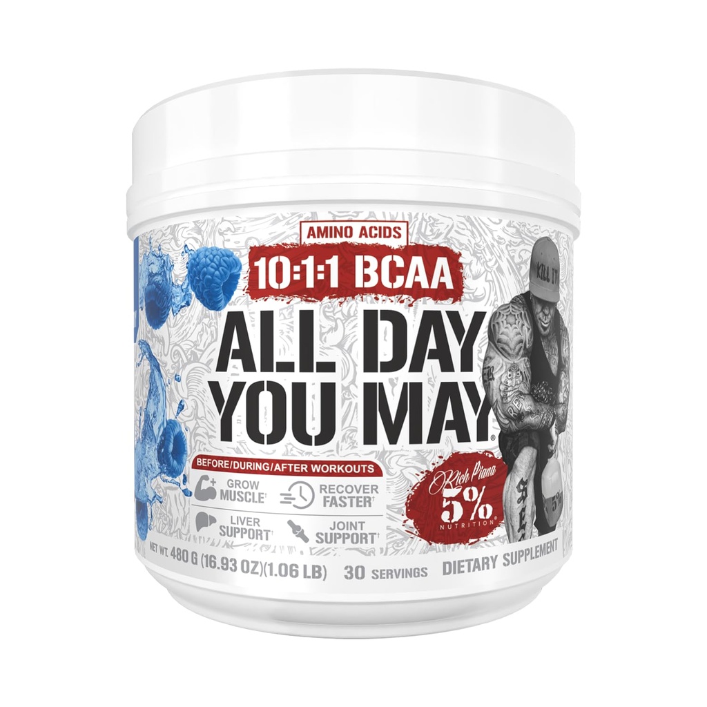 5% Nutrition Rich Piana AllDayYouMay BCAA Powder | Premium Intra & Post Workout Amino Acids, EAA, Electrolytes | Hydration, Endurance, Recovery | Vegan & Keto | 16.93 oz, 30 Srvgs (Blue Raspberry)