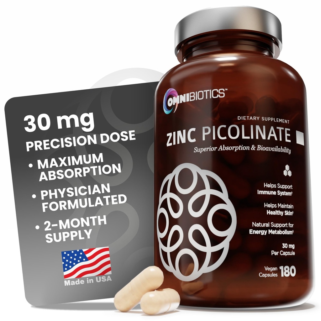 OmniBiotics Zink Picolinate 30mg Supplement – Hohe Absorption Zink für Immunsystem, Gesunde Haut und Energie Unterstützung – 180 Vegan Kapseln