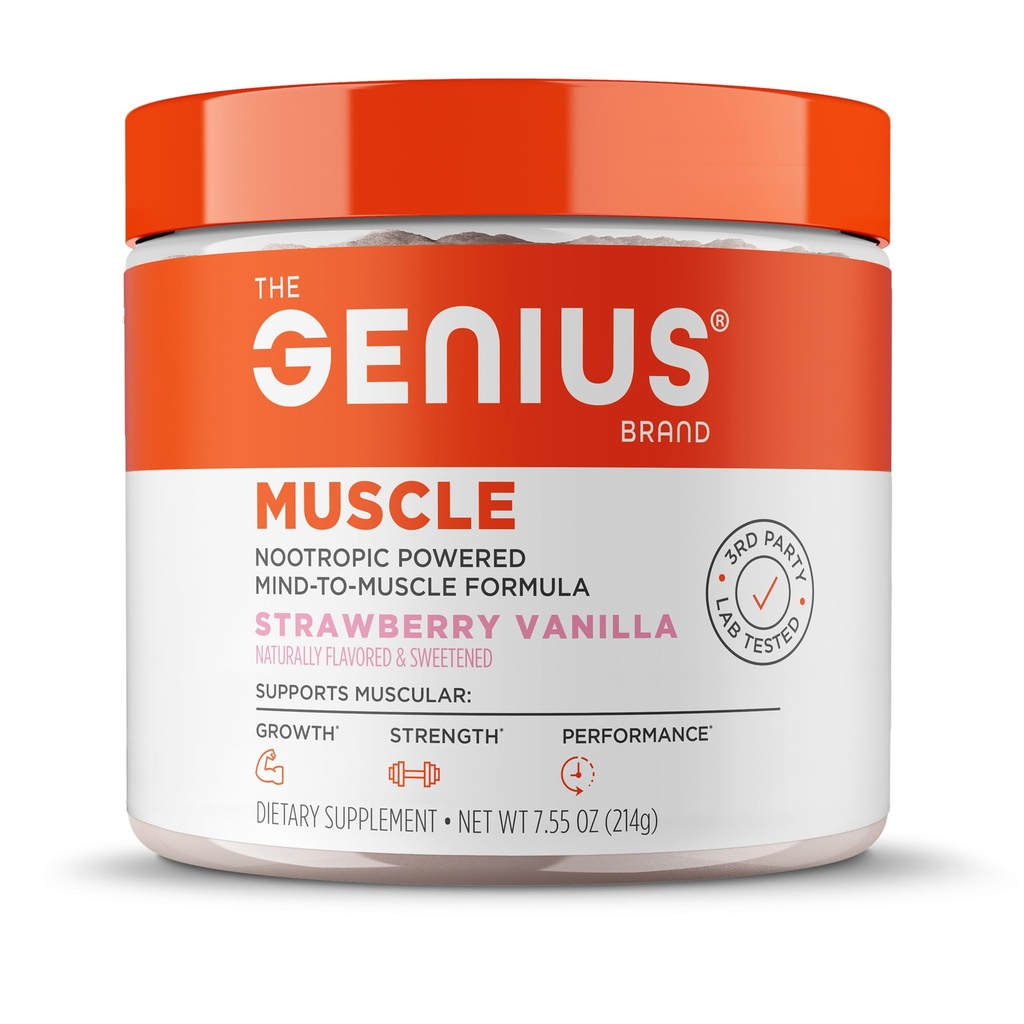 La marque Genius Genius Muscle - Supplément santé musculaire pour la croissance, l'endurance et la récupération - Formule non hormonale - 6 champignons organiques - naturellement sucré - 30 portions - Vanille de fraise