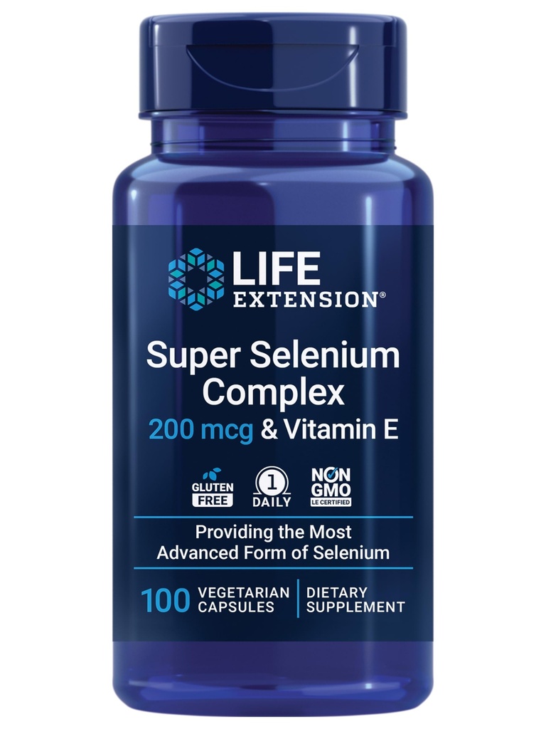 Extension de vie Complexe Super Sélénium, 200 mcg – 3 formes de Sélénium, Vitamine E – Santé cellulaire et soutien à la longévité – Sans gluten, sans OGM, végétarien, 1 jour – 100 capsules