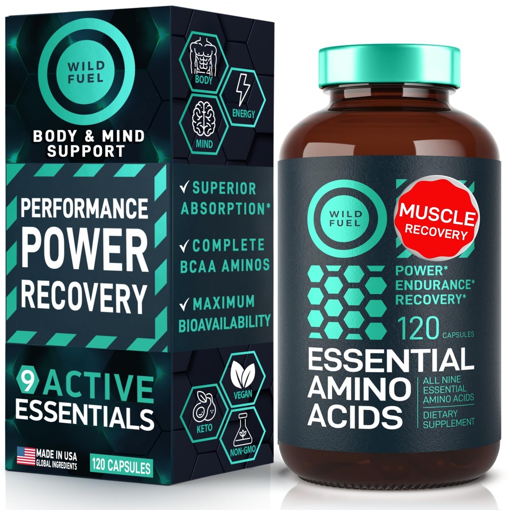 Supplément des acides aminés essentiels - Tous les 9 AAE avec les acides aminés BCAA (Leucine, Lysine, Valine, Thréonine) - 3000mg par portion - Croissance musculaire, Puissance, Récupération - 120 Vegan, Capsules sans caféine