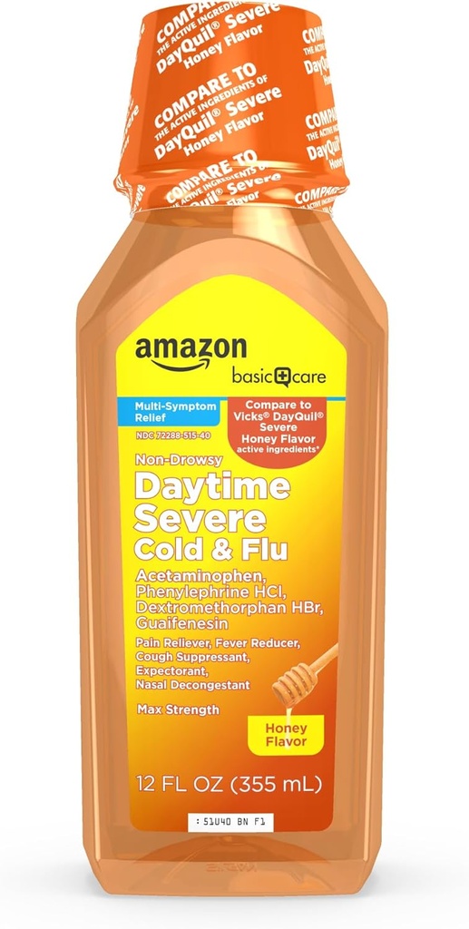   Basic Care Daytime Honey Flavor Severe Cold and Flu Relief, Liquid Medicine, 12 fl oz (Pack of 1)