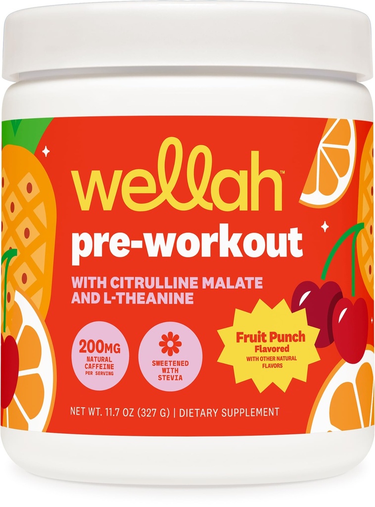 Wellah Pre-Workout Drink Mix (Fruit Punch Flavored, 30 Servierungen) - mit Citrulline Malate und L-Theanin, 200mg Natürlicher Koffein & 1000mg Beta-Alanin