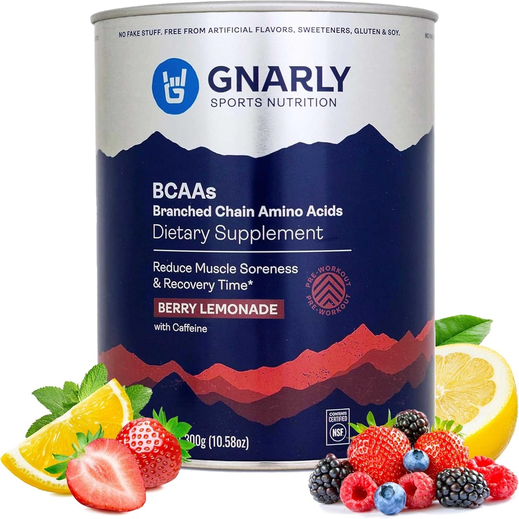 Gnarly Nutrition BCAA Powder, Berry Lemonade – Pre-Workout BCAAS Amino Acids – NSF Sport Zertifiziert – Ergänzung zur Unterstützung und Rebuild Muskel – Berry Lemonade mit Koffein, 10.58 Unze