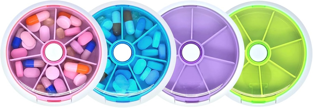 Pill Organizer Travel Pill Case for Purse Portable Pill Box Round Weekiy Pill Container for Vitamine Fish Oil Pills Suppléments (4PCS)