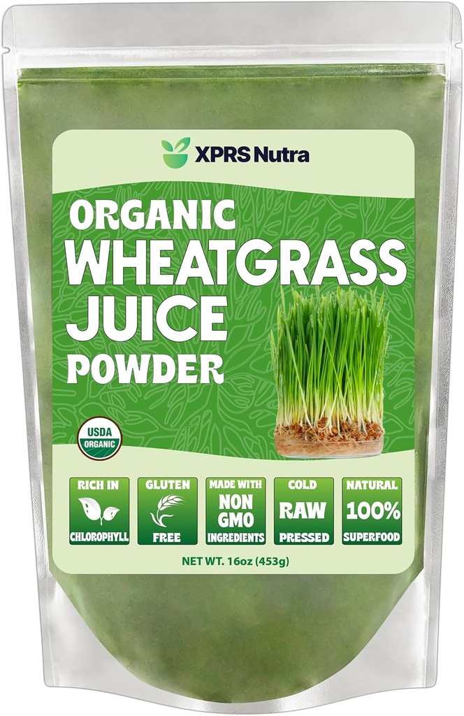 XPRS Nutra Organic Wheatgrass Juice Powder - Sustainable Grown - Instant Wheat Grass Juice Powder Made from Concentrated Juice - Mehr Potent Than Organic Wheatgrass Powder - 16 Ounce