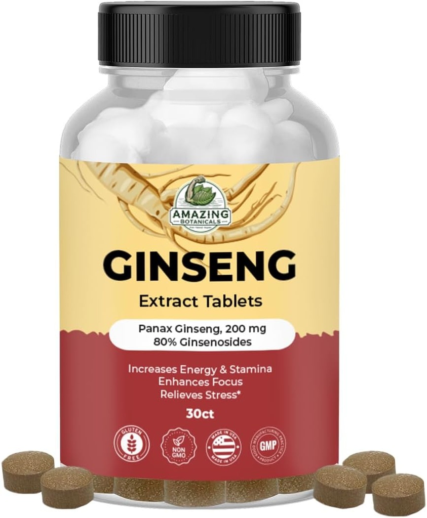 Erstaunliche Botanicals Panax Ginseng Extrakt Tabletten - 200mg hochwirksame 80% Ginsenosides für Energie und Entspannung - natürliche Kräuterergänzung für kognitive Booster - 30 Tabletten