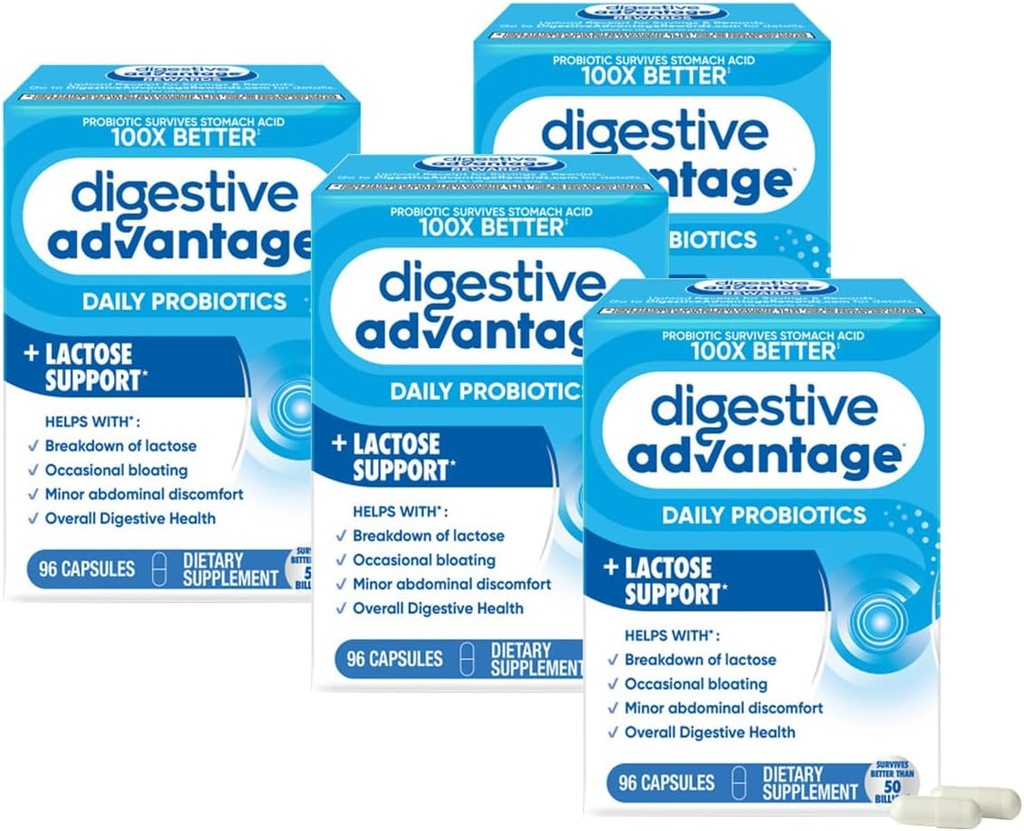 Avantage digestif Enzymes de défense contre la lactose + Probiotiques pour les femmes et les hommes Bloatation occasionnelle, ventilation de la lactose, troubles abdominaux mineurs, soutien immunitaire, 96 capsules de comptage (4 pack)