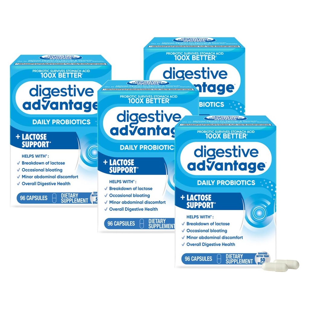 Verdauungsvorteil Lactose Defense Enzymes + Probiotika für Frauen und Männer Occasional Bloating, Lactose Breakdown, Minor Abdominal Discomfort, Immununterstützung, 96 Count Capsules (4 Pack)
