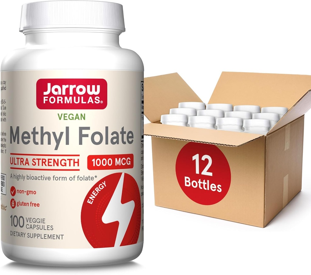 Formules de Jarrow Folate de méthyle 1000 mcg, Complément alimentaire, Folate de méthyle pour l'énergie cellulaire, 100 capsules de légumes, 100 jours d'approvisionnement, (paquet de 12)