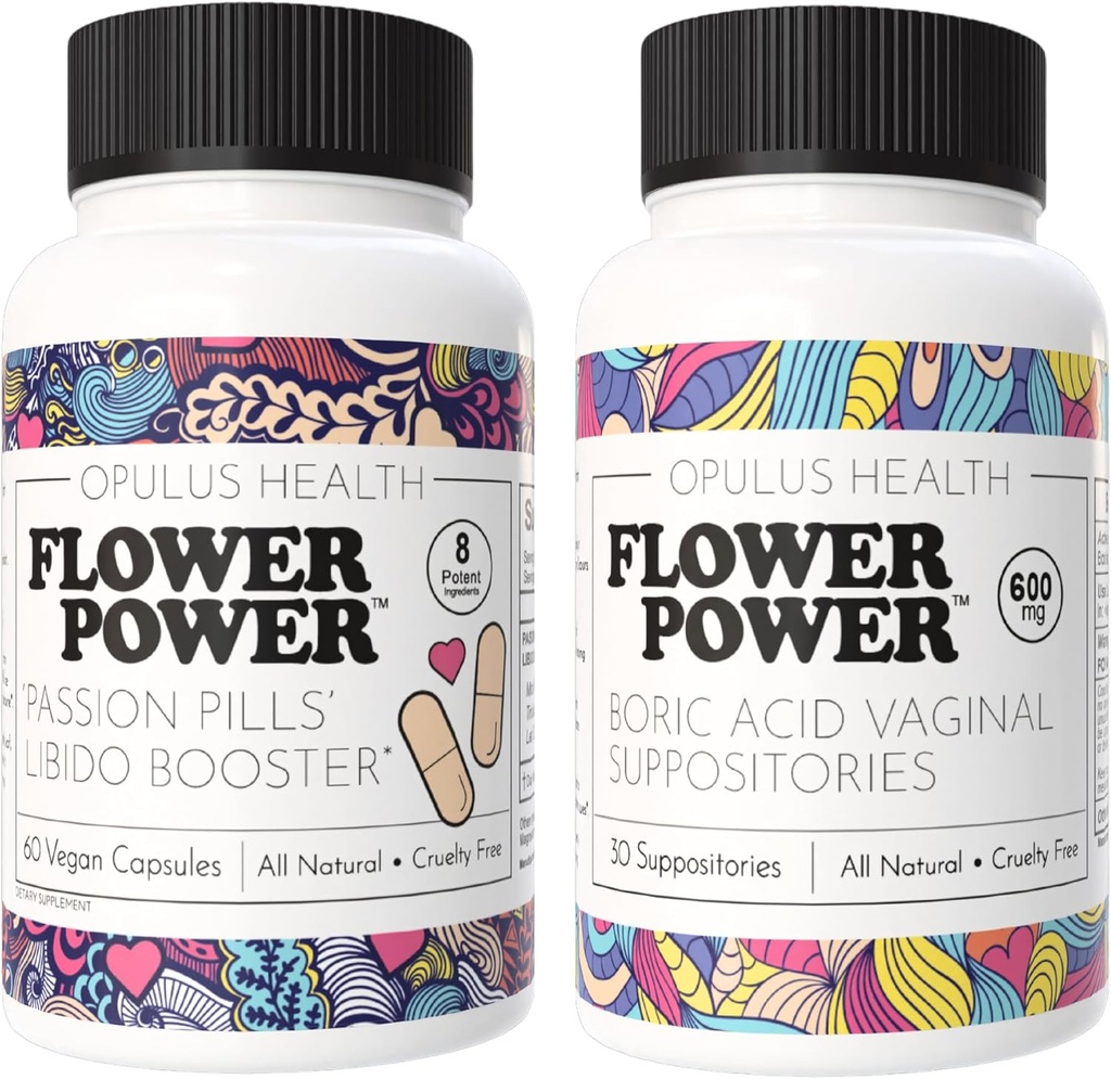 Flower Power - Passion Pillen Libido Booster & Boric Acid Suppositories – All-Natural Feminine Care Bundle für verbesserte Libido, Odor Control und Balanced Vaginal Health – 60 Vegan Capsules, 600mg – Ma