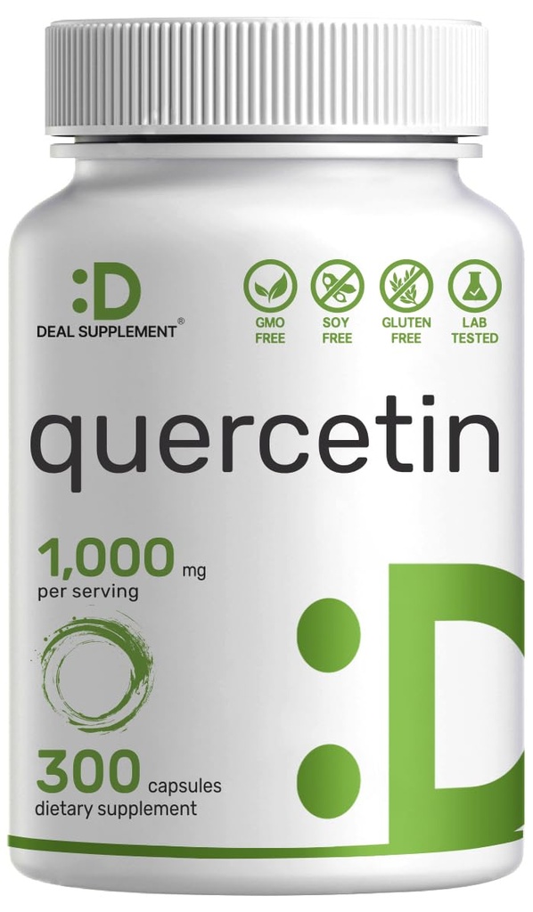 Quercetin 1000mg par portion, 300 Capsules – Suppléments de soutien immunitaire en santé, Flavonoïdes biodisponibles, Antioxydants naturels – Non-OGM, sans soja, sans gluten