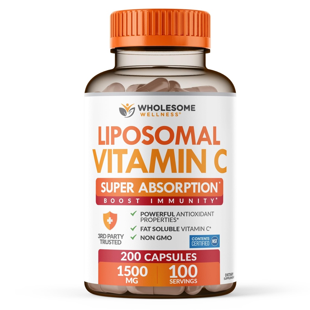 Vollständige Wellness Liposomale Vitamin C Kapseln (200 Tabletten 1500mg Gepuffert) Hohe Absorption, Immunsystem & Collagen Booster, High Dose Fett lösliche Immunität Unterstützung Ascorbinsäure, natürliche Vegan