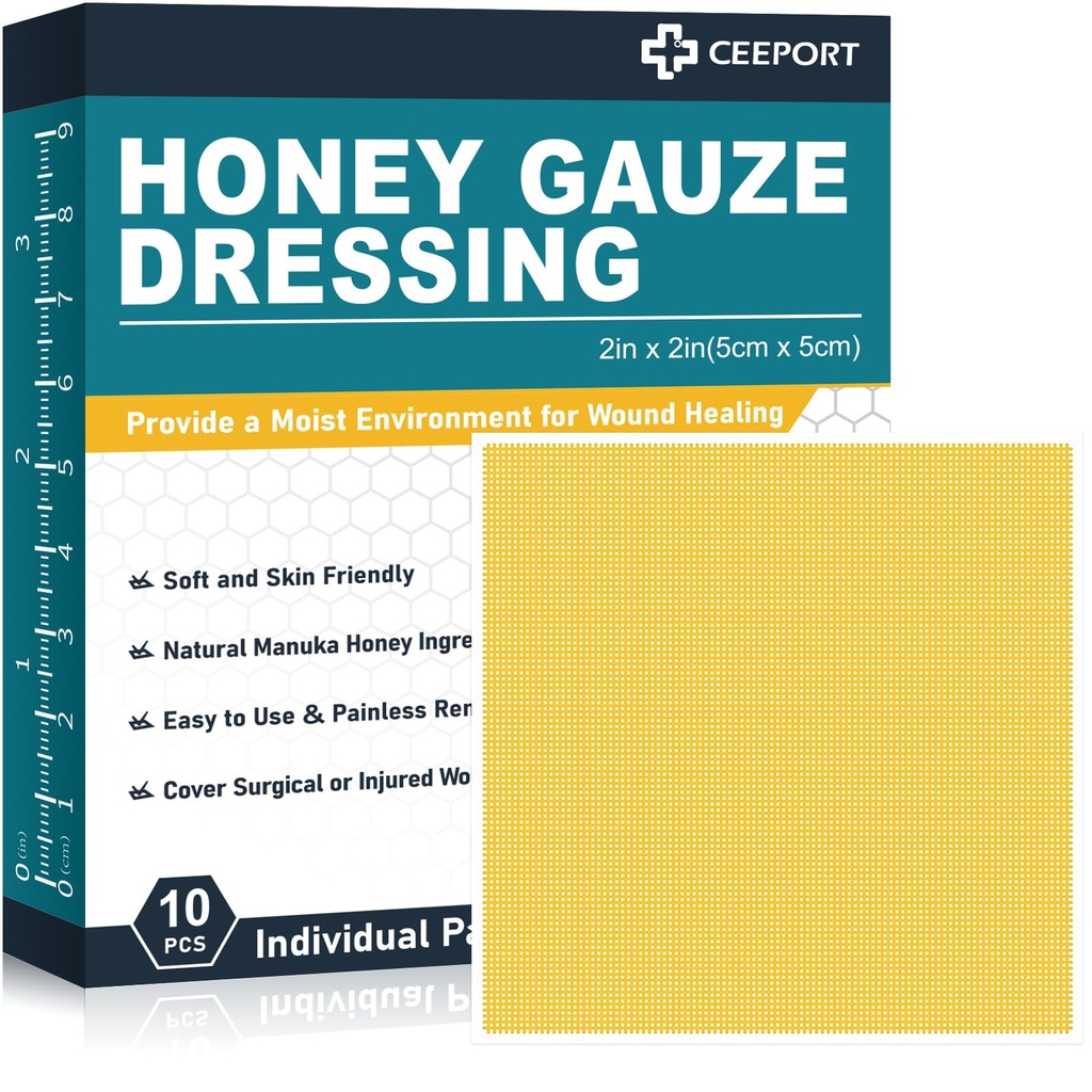 Manuka Honey Gauze Wound Dressing 2" x 2",10 Pack Manuka Honey Wound Care Pads, Medizinische Grade Honey Bandages für Wound Care, Honey Patch für schnellere Heilung von Burns,Abrasionen,Cuts und Scalds