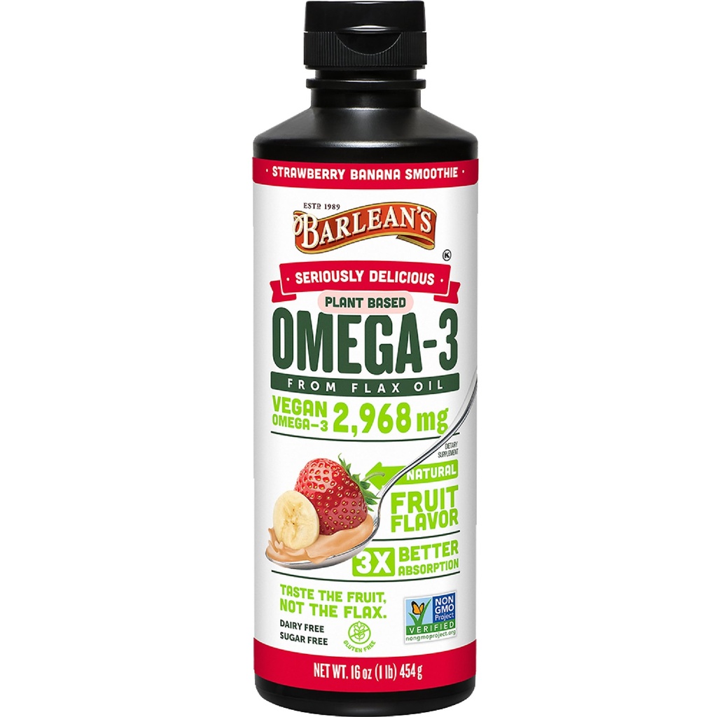 Barlean Vegan Omega 3 6 9 Flaxseed Oil Liquid Supplement, Strawberry Banana Smoothie, Flax Seeds Oil mit 2,968 mg ALA Fettsäure, Non-GMO und Glutenfrei, 16 oz