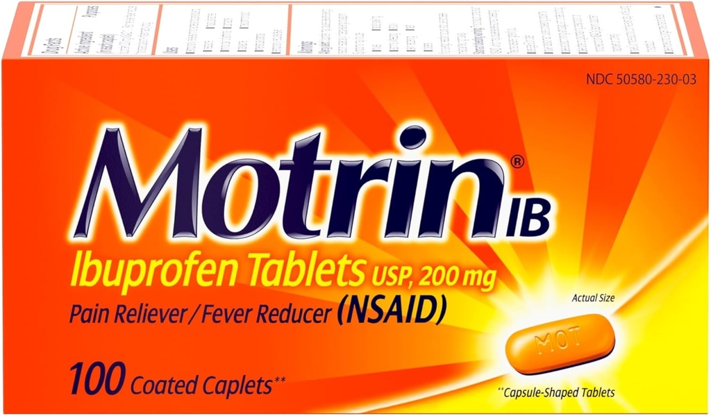 Motrin IB, Ibuprofène 200mg Comprimés, analgésique et réducteur de fièvre pour les douleurs musculaires, maux de tête, maux de dos, crampes menstruelles et arthrite mineure Douleur, AINS, 100 Ct