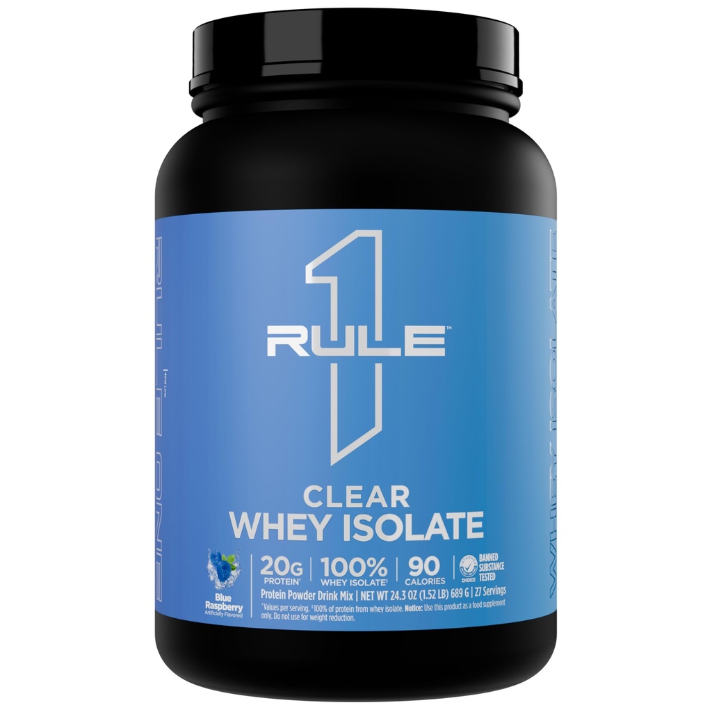 Règle 1 Isolation claire de lactosérum - 20g Protéine tout-whey isolate, plus de 9g d'AAE, 300mg de minéraux électrolytes, 90 calories, léger, croustillant et goût rafraîchissant (27 portions, framboise bleue)