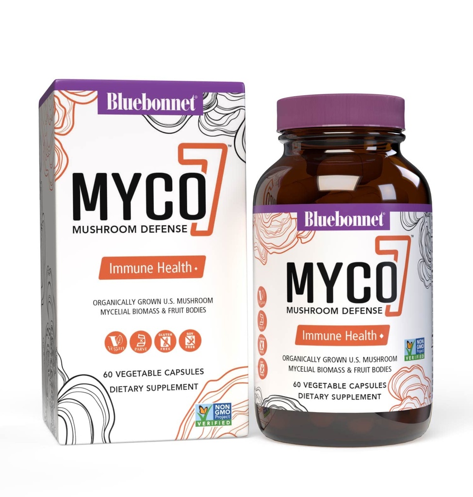 BlueBonnet Nutrition Myco-7 Pilzverteidigung – 7 Bioally Grown U.S. Ganze, Full-Cycle Pilze – für Immune & Wellness - Sojafrei, Glutenfrei, Non-GMO, Kosher und Vegan – 60 Gemüsekapseln