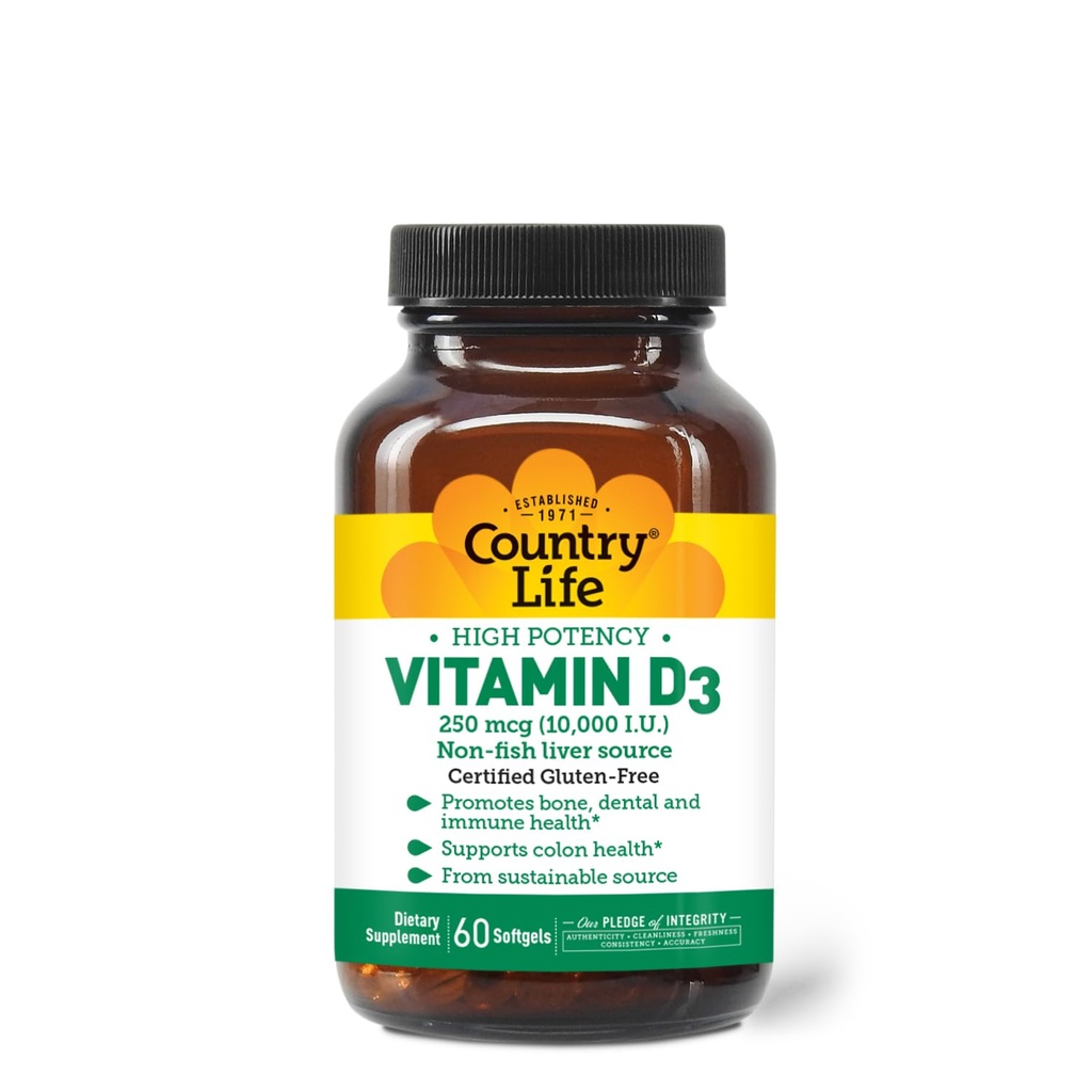 Country Life Vitamin D3 10.000 IU – Hohe Potenz, Non-Fish Source | Knochen, Immun- & Colon Health Support | 60 Softgels | Certified Gluten-Free, Clean Formula mit MCT-Öl für bessere Absorption