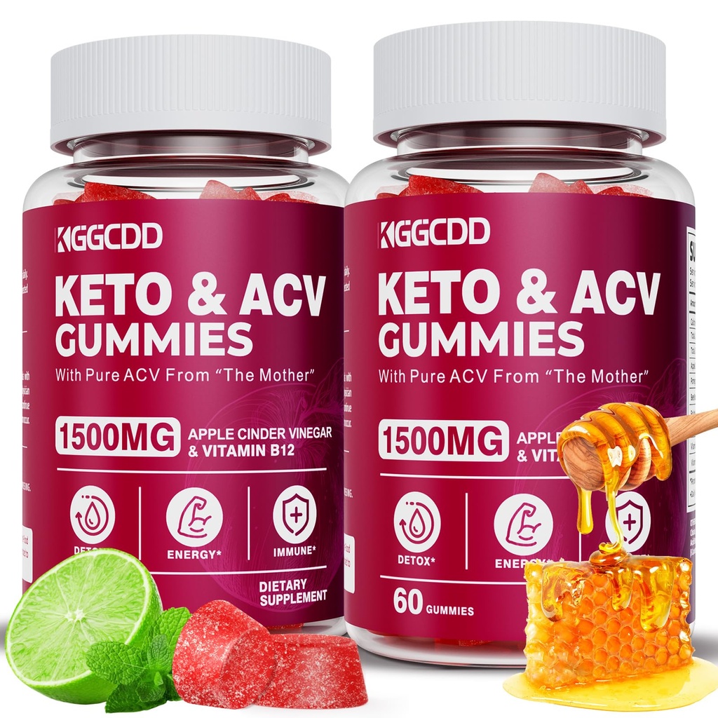 (2 emballages) Gommies de vinaigre de cidre de kéto1500MG Gommies de kéto Vinaigre de cidre de pomme préparé avec du jus de betterave de grenade en poudre B12 Vegan Non OGM 120 Gommys