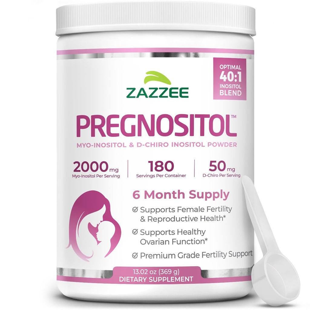 Zazzee PREGNOSITOL poudre, 6 mois d'approvisionnement, Myo-Inositol et D-Chiro-Inositol 40:1 mélange de fertilité, libre Scoop pour la posologie exacte, formule équilibrée Premium, 183 portions, végétalien, tout naturel et non-OGM
