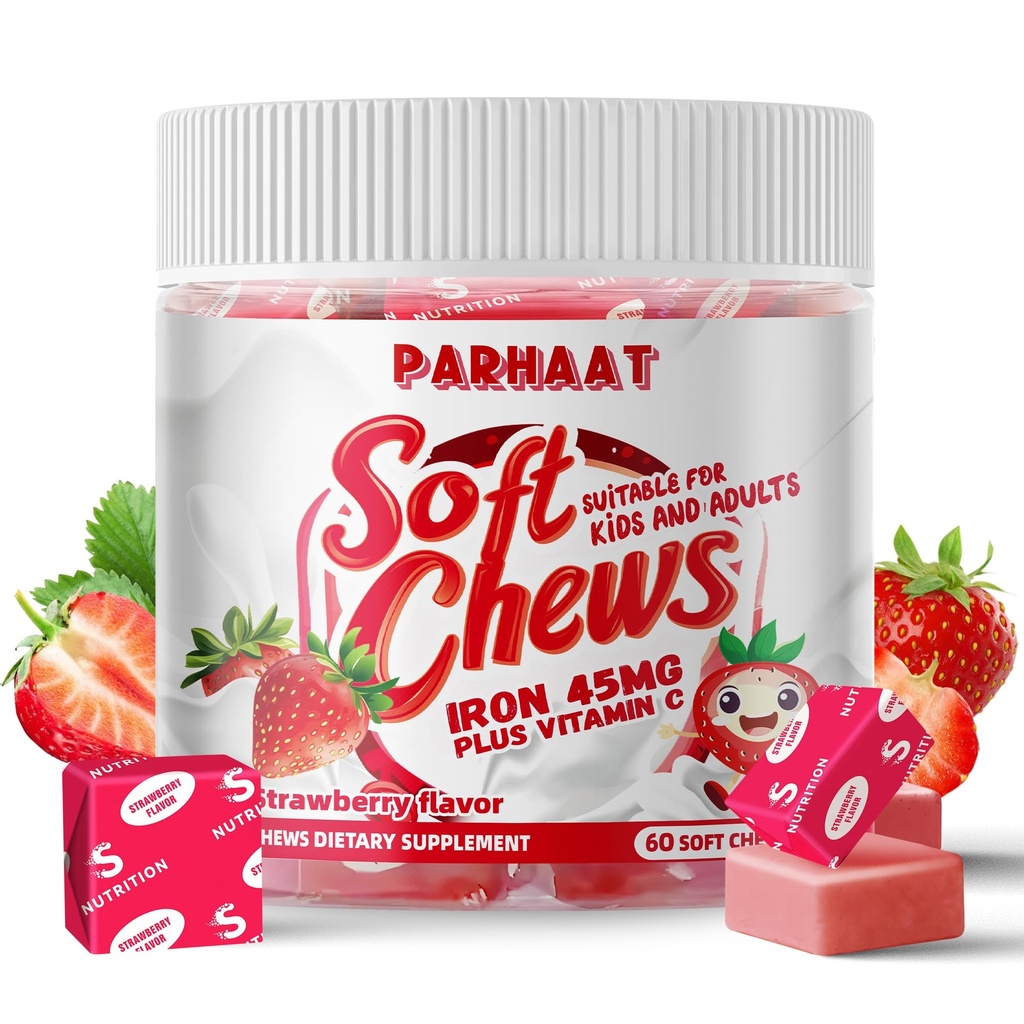 Eisen weiche Kauen Ergänzung mit Vitamin C | Strawberry Flavored | Gluten Kostenlose | Eisen Ergänzung für Frauen Männer und Kinder | 60 Graf | 2 Monat Versorgung