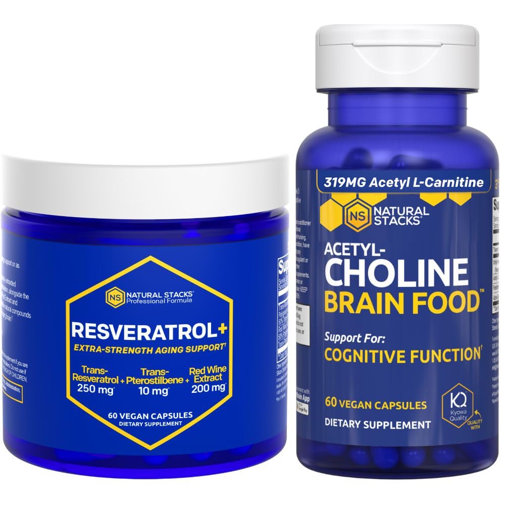 NATURAL STACKS Acetylcholin Brain Food + Resveratrol Supplement Bundle - Unterstützt kognitive Funktion und Gehirn-Aging* - 120 Gesamtkapseln