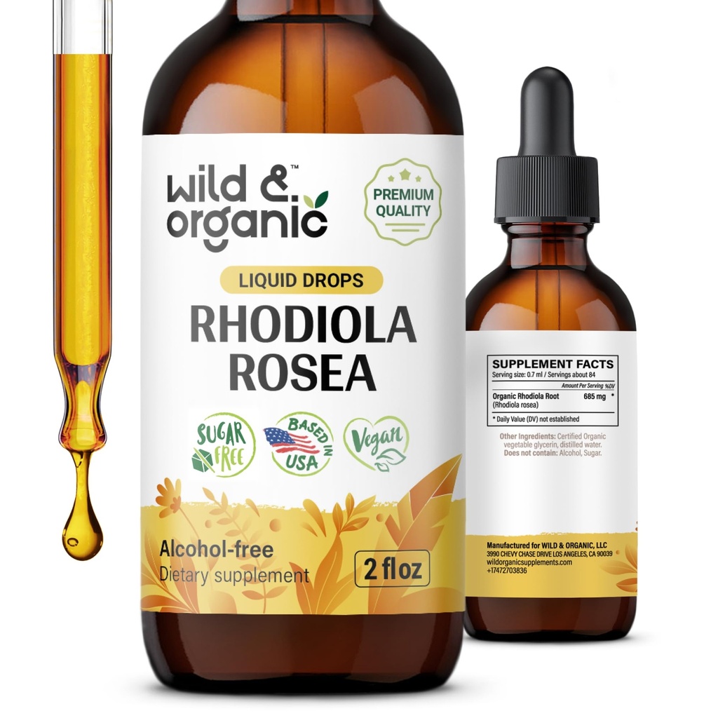 Wild & Organic Rhodiola Rosea Tincture - Stimmungsunterstützung - Relaxing Rhodiola Supplement - Root Extract Liquid Drops - Vegan, Zucker & Alkoholfrei - 2 fl oz