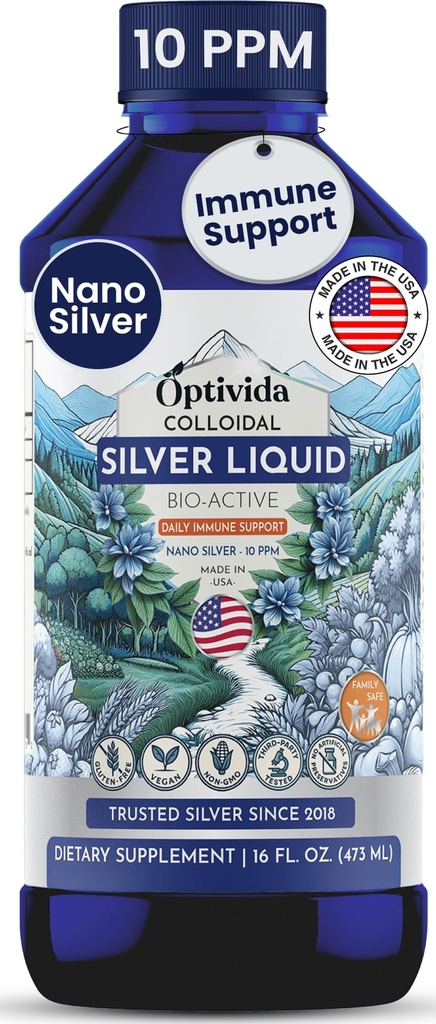 Optivida Health Nano Colloïdal Silver Liquid (1 LB) – Suppléments de soutien immunitaire avec Silver Hydrosol, Liquide pour support immunitaire, Colloïdal Silver pour système immunitaire, 10 PPM.