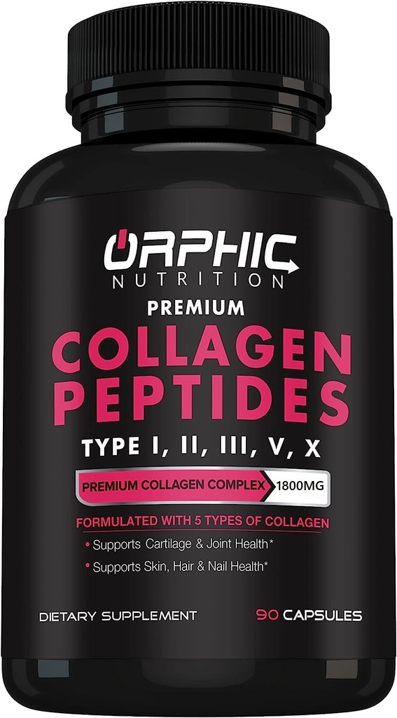 NUTRITION ORPHIQUE Capsules de peptides de collagène pour femmes,1800mg Pilules multicollagènes de types I, II, III, V, X - Soutient la santé digestive Maintenir des articulations fortes, Tendons, Ligaments et Muscles* 90 capsules