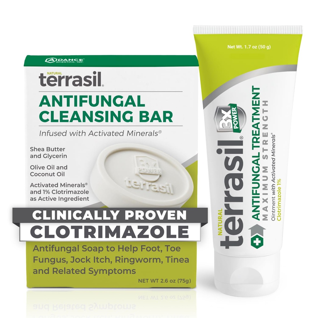 Crème antifongique terrasile + Soap antifongique 2-Produit Kit de traitement et de soulagement efficaces du clotrimazole éprouvé cliniquement: Jock Itch Athlètes Fungal du pied Infection au levure Ver à anneaux (50g Tube et 75g barre)