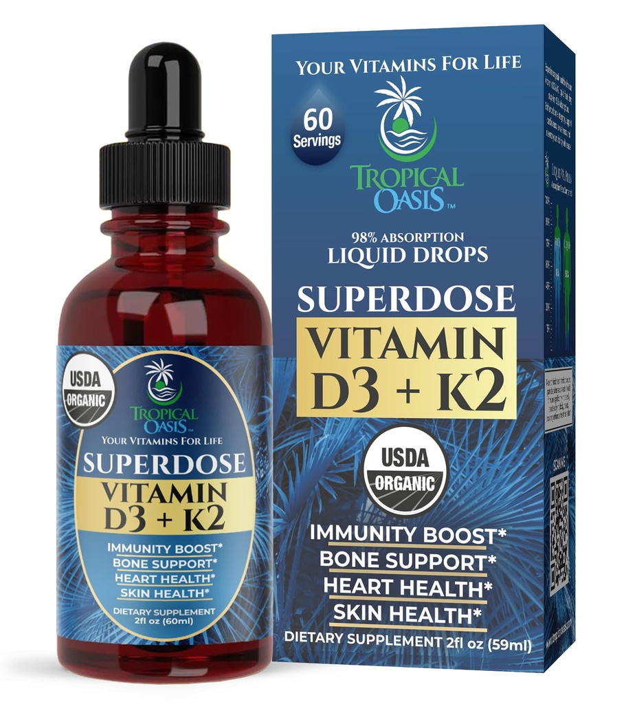 USDA Organische flüssiges Vitamin D3 K2 Tropfen für Erwachsene | Superdose 8000IU reines Vitamin D3 | 60 Serv | Vitamin D K2 Nahrungsergänzungsmittel für Immununterstützung & Knochengesundheit | 98% Absorption | Vegan, Non-GMO | 2 Fl Oz