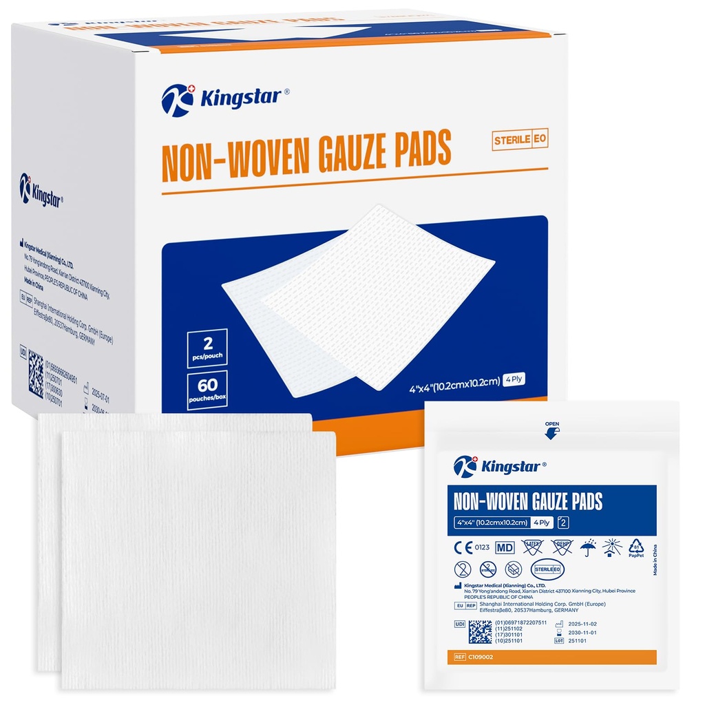Kingstar Sterile Nonwoven Gauze Pads, 4"x 4" Wund Dressing, 60 Packungen - 120 Stück Superior weiche Schwamm Pads, Höhere Absorbens Gauze Compresss für Trauma oder Post-Operative Wund Pflege