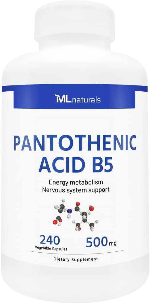 ML Naturals Acide pantothénique B5 240 Capsules végétales. Métabolisme énergétique, prise en charge du système nerveux, certification NSF & CGMP-Compliant