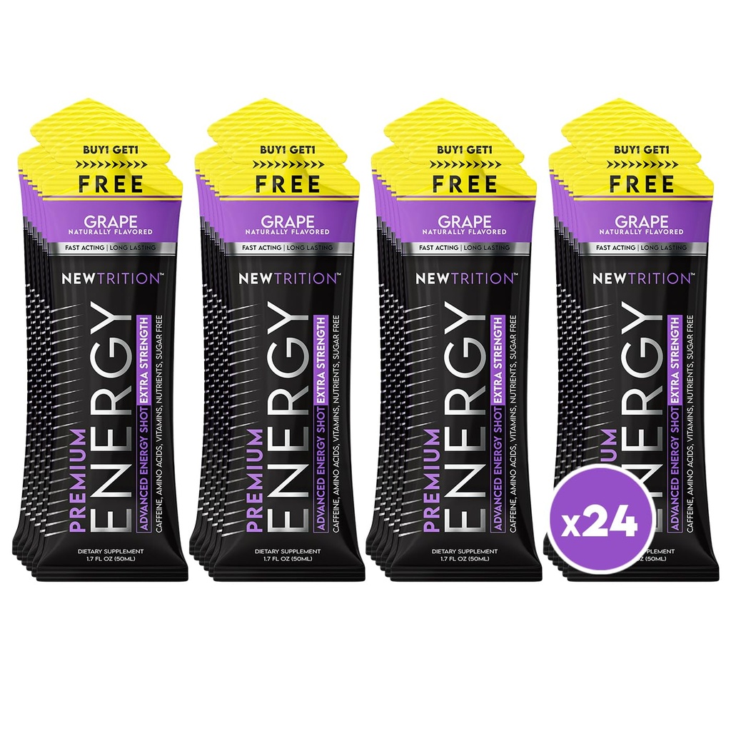 NewTrition® Extra Strength Energy Shots, 250mg Caffeine Energy Shots mit Vitamin B & Amino Acids, Sugar-Free Vitamin Energy Shot, 1.7 fl oz (Pack mit 24, Trauben)