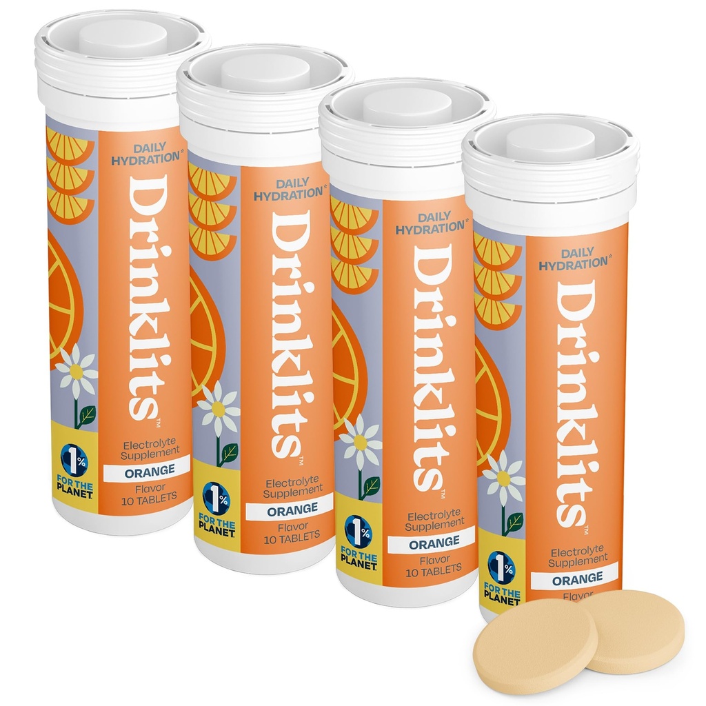 Drinklits Orange Daily Electrolyte Hydration Tablets (4) Tube Bundle | 0g Zucker – Natürliches Sportgetränk – Großer Geschmack | 4 Pack (40 Servierungen)