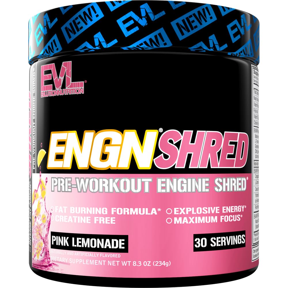 EVL Ultimate Pre Workout Powder - Thermogenic Fat Burn Support Preworkout Powder Drink for Lasting Energy Focus and Stamina - ENGN Shred Intense Creatine Free Preworkout Drink Mix - Lemonade rose