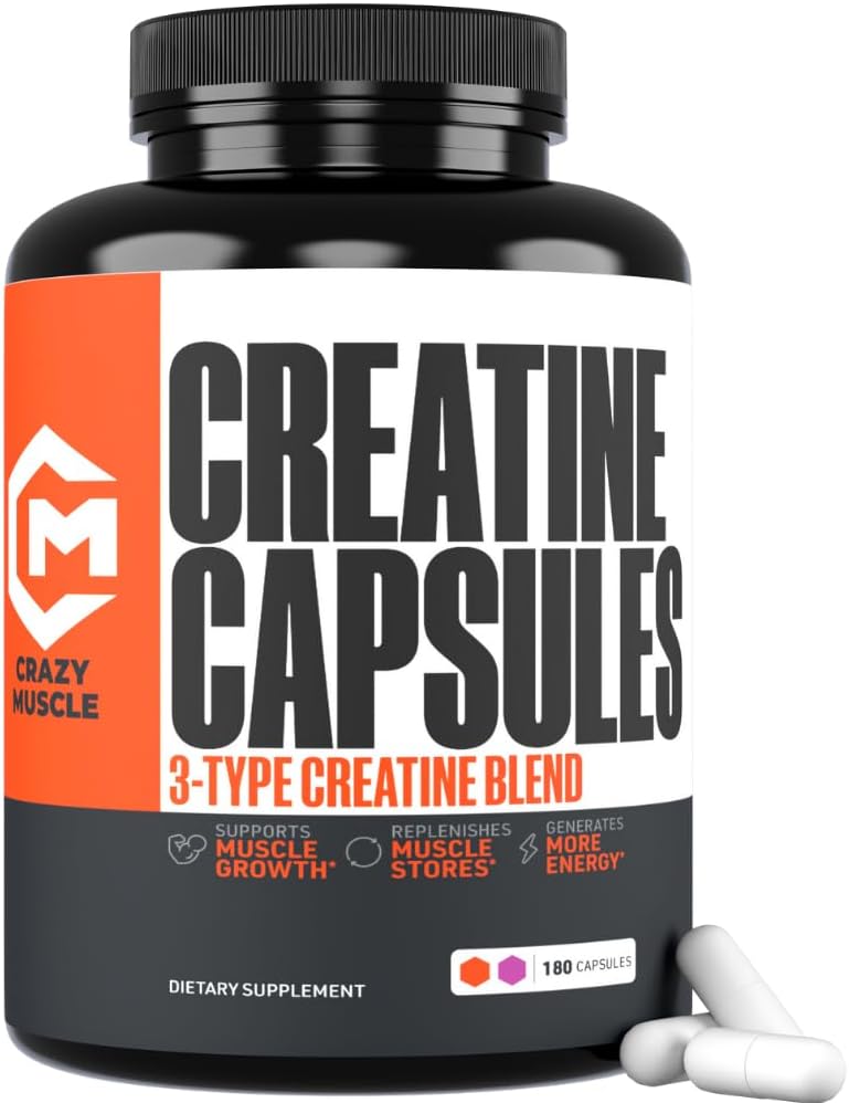 Capsules de créatine, 5g Premium 3X TroisAtine Préentraînement Bulk Muscle Mass Gainer, Haute Absorption Facile à prendre Pills Monohydrates de créatine Alternative Performance Optimum pour Hommes Femmes, 180 Capsules