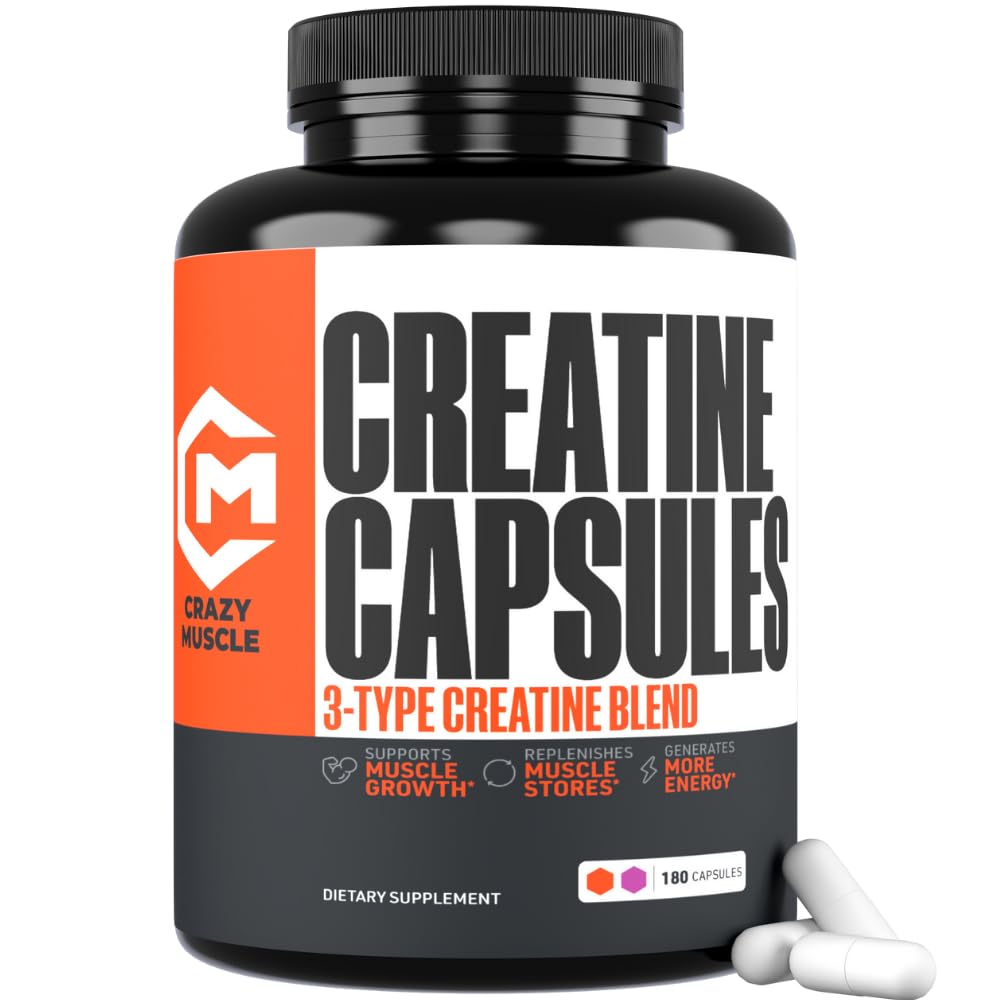 Creatine Capsules, 5g Premium 3X ThreeAtine Pre Workout Bulk Muskelmasse Gainer, hohe Absorption Einfach zu nehmen Kreatin Monohydrat Pillen Alternative Optimum Leistung für Männer Frauen, 180 Kapseln