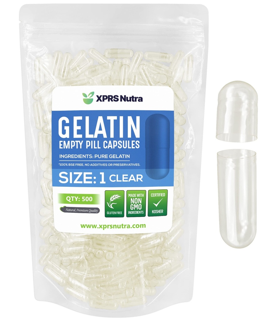XPRS Nutra Taille 1 Capsules vides - 500 Compte Capsules de gélatine vides - Pills Bricolage Capsule Remplissage - Pure Pilule Gel Caps pour Do-It-Youlf Suppléments (Clear)