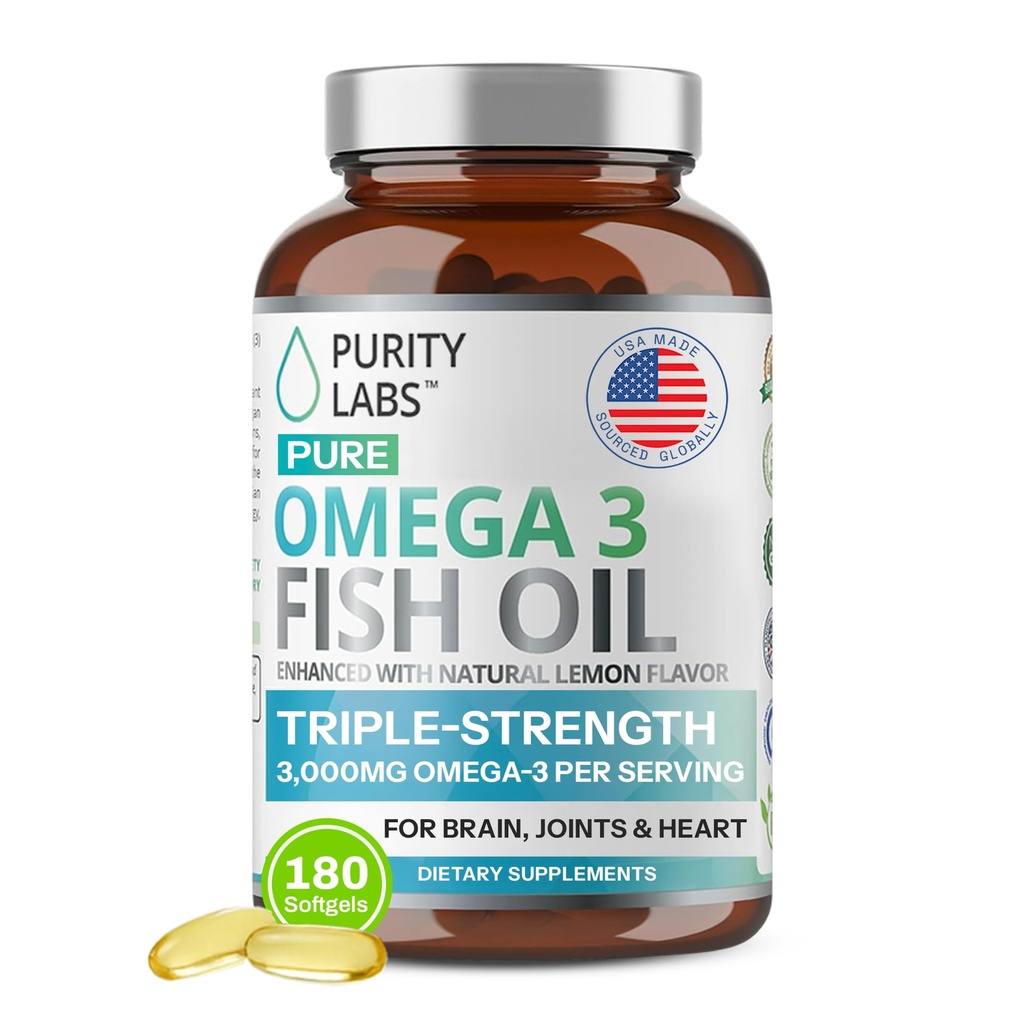 Reinheitslabors Omega 3 Fischöl 3000mg – DHA & EPA Omega 3 Fettsäure-Ergänzungen zur Unterstützung von Herz- und Hirngesundheit - Immununterstützungsergänzung - 180 Softgels (60 Servietten)