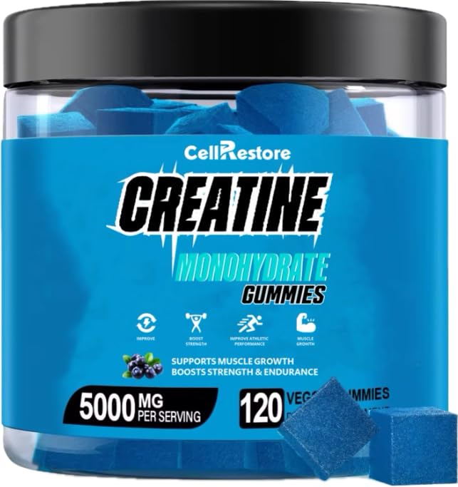 Gommies monohydratées de créatine pour les hommes et les femmes-5g de monohydrate de créatine par service- Aidez à augmenter la force et construire des muscles, sans sucre, végétalien, saveur de bleuets, 120 comte