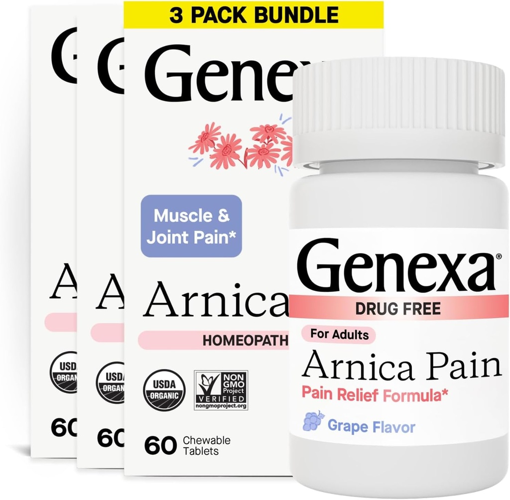 Genexa Arnica Tabletten für Schmerzlinderung Formel | Alleviate Muskel & Gelenkschmerzen, Soreness, & Stiffness | Delicious Organic Grape Flavor | Homeopathic Remedy Made Clean | 300 Chewable Tablets (3 Pack)