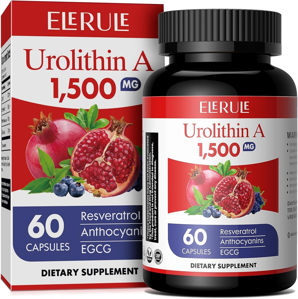 Urolithin Eine Ergänzung 1000 mg Plus Trans-Resveratrol, Anthocyanine, Grüner Tee,Gesundes Altern fördern, liefert Cellular und Energie für Männer & Frauen, 60 Kapseln
