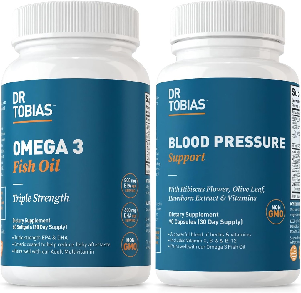 Dr. Tobias Omega 3 Fish Oil & Blood Pressure Support Supplements for Heart, Brain, Immune, Circulatory Health, with Vitamin C, B6, B12, Niacin, Folate & Herbs