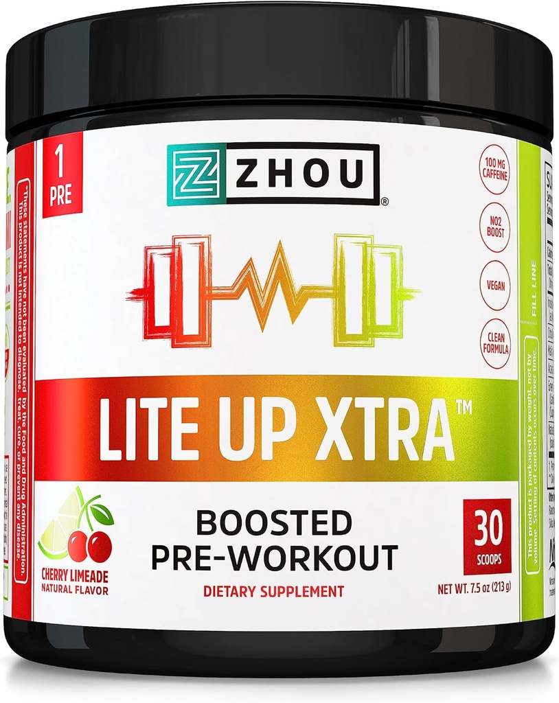 Zhou Lite Up Xtra - Sugar Free Pre Workout Powder für Damen und Herren, Preworkout Supplement mit Koffein für saubere Energie, Aminosäure Support, Hydrate & Focus, Plant Based - 30 Scoops