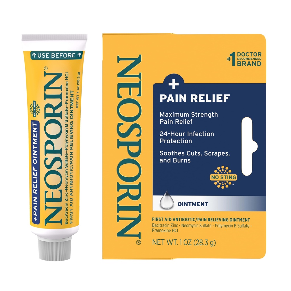 Neosporine + Strength maximum Onguent triple antibiotique avec soulagement de la douleur, soins de la plaie à double action, formule sans piqûre avec HCl Pramoxine, Bacitracine Zinc, 1 oz Tube simple